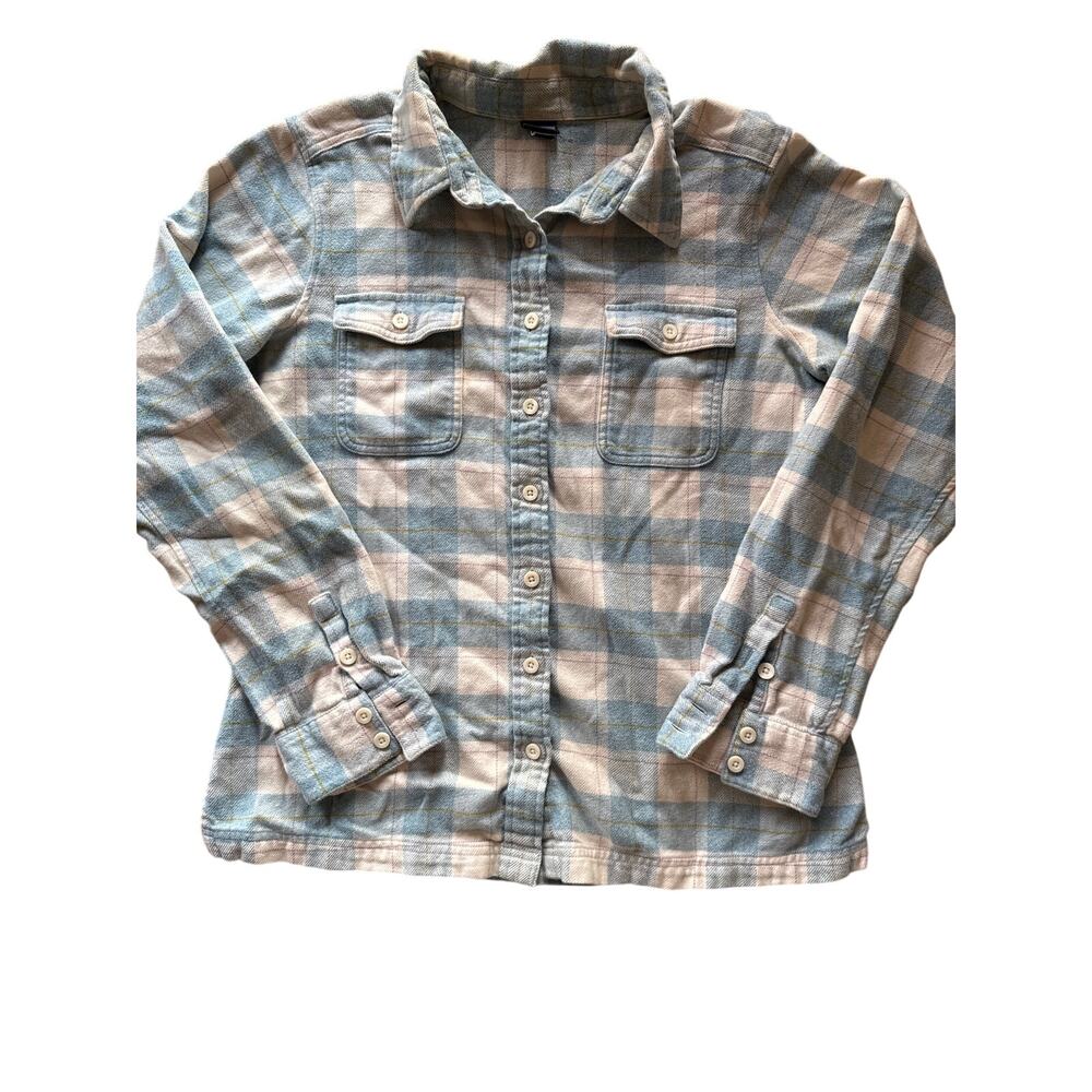 Patagonia Women’s 10 Sky Blue Ivory Pink Yellow Plaid Flannel Button Up Shirt